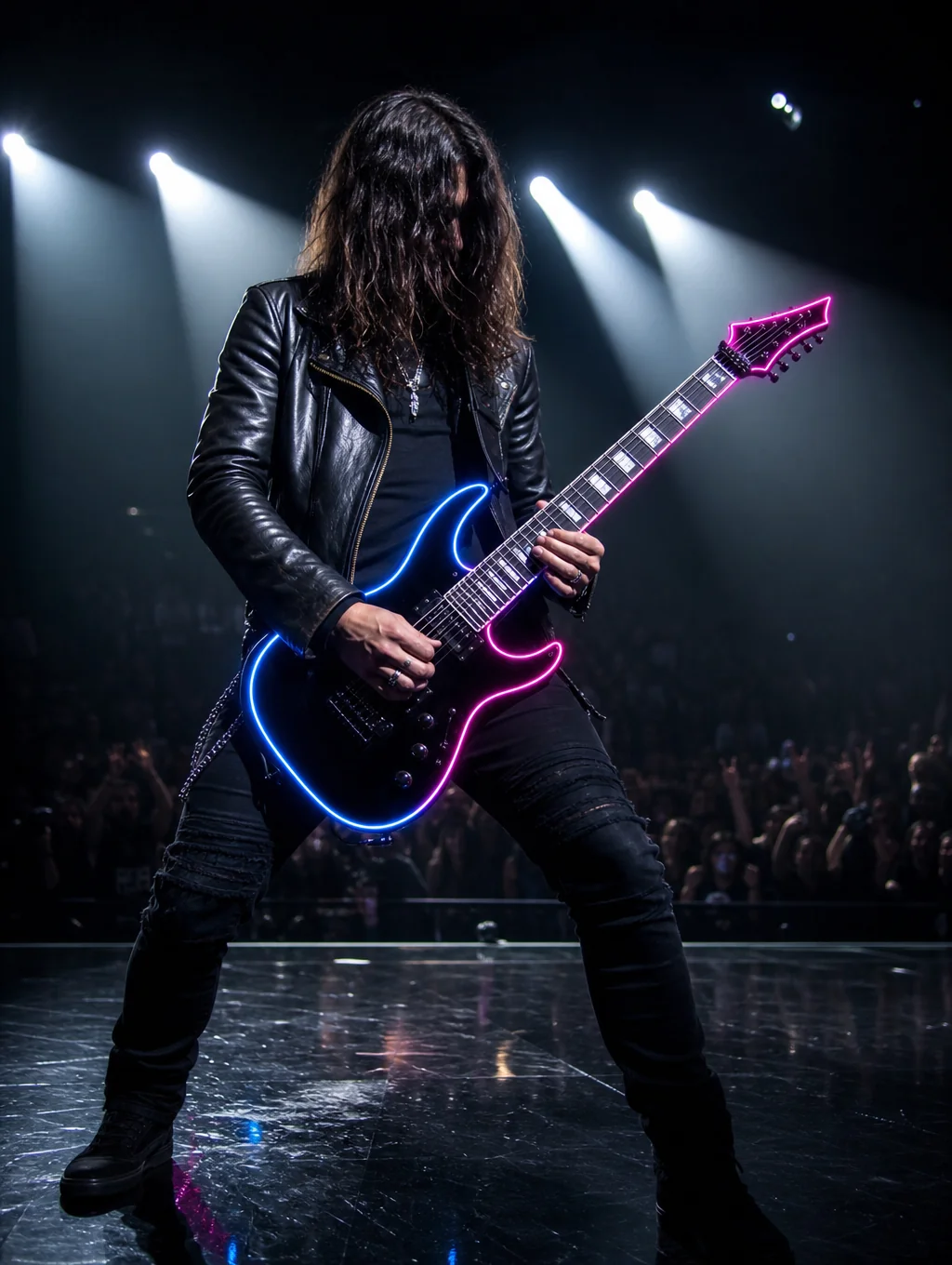Guitarist shredding power chords live in concert