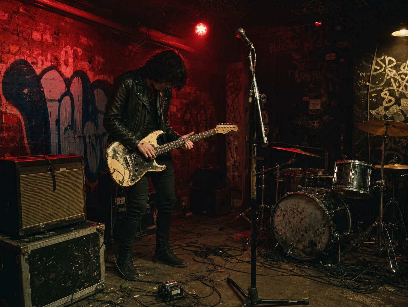 Sweat-soaked bass player screaming into dynamic microphone