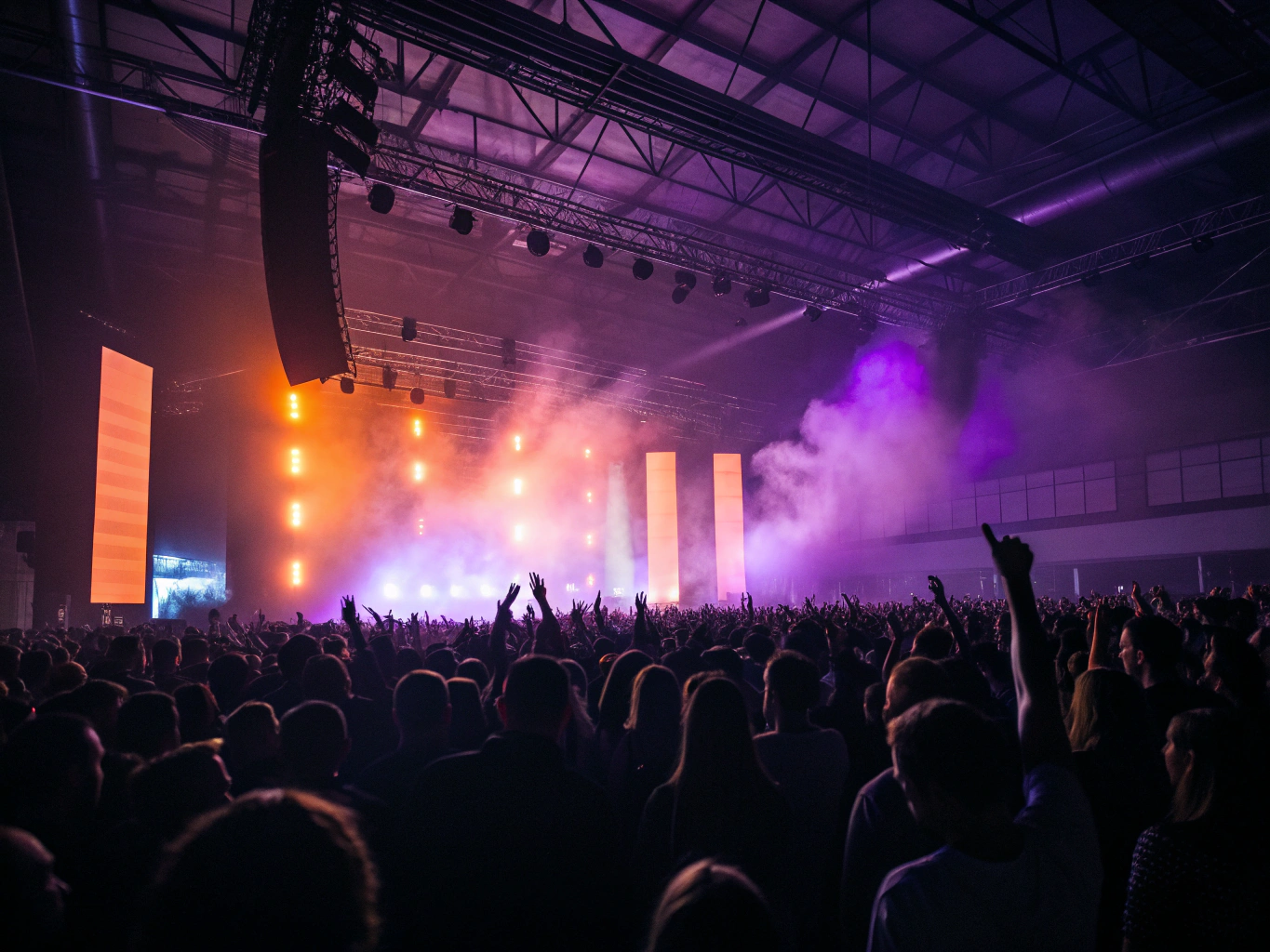Sea of hands carrying crowdsurfer in industrial venue lighting
