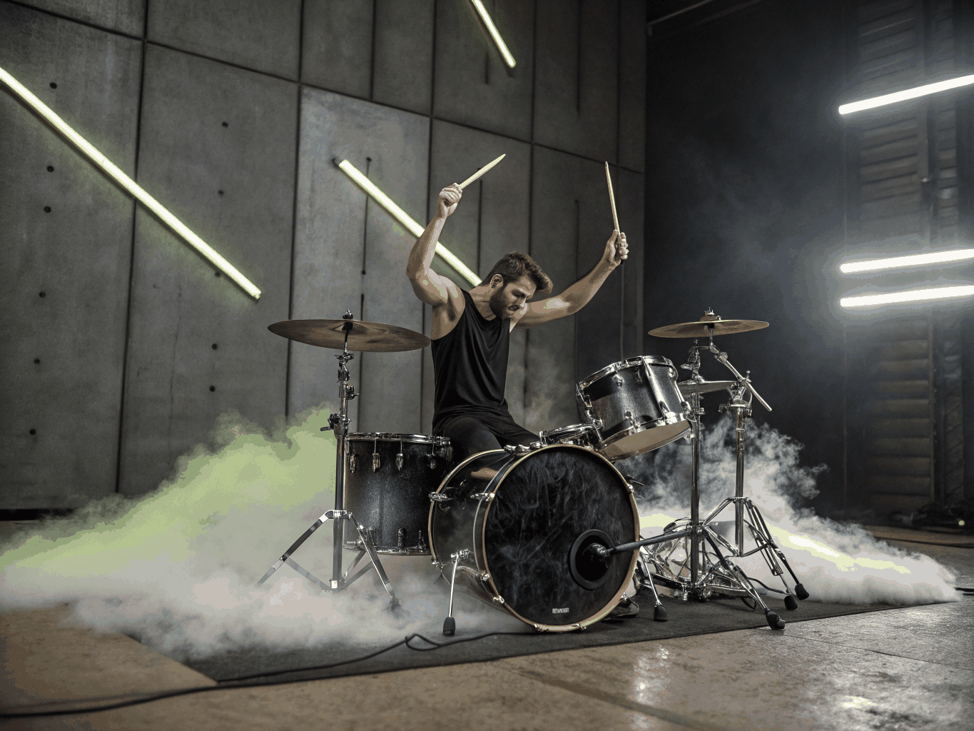 Drummer in motion blur attacking snare during fast tempo rhythm
