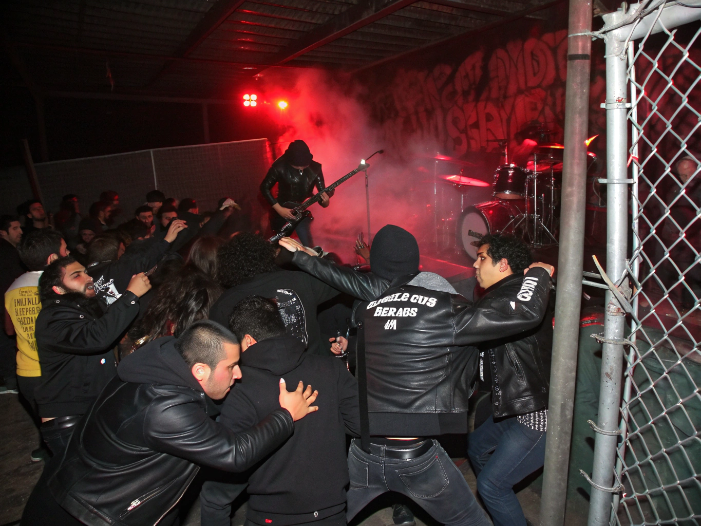 Hardcore punk band performing on a gritty industrial stage