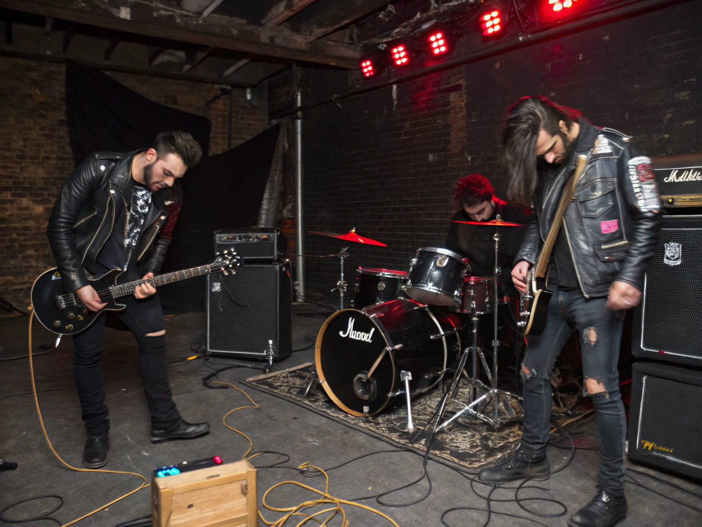 Punk musicians setting up industrial audio equipment for benefit show