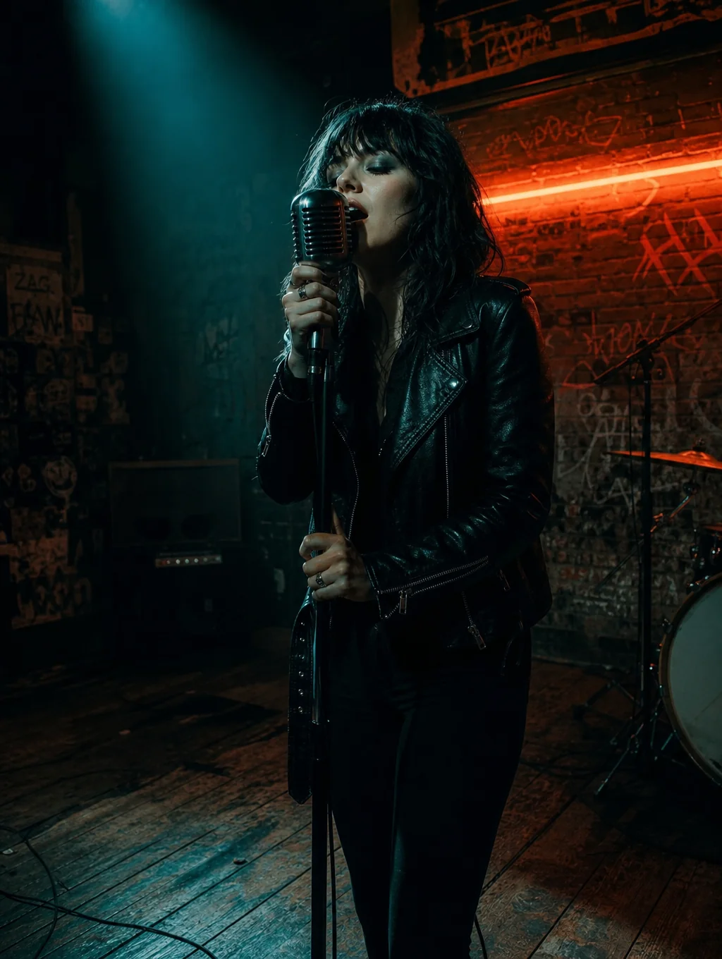 Vocalist screaming into vintage microphone on stage